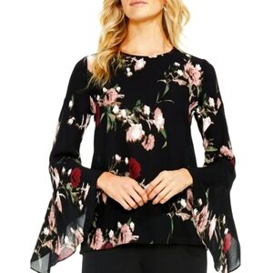 Vince Camuto Black and Pink Asymmetrical Bell Sleeve Blouse Size LP
